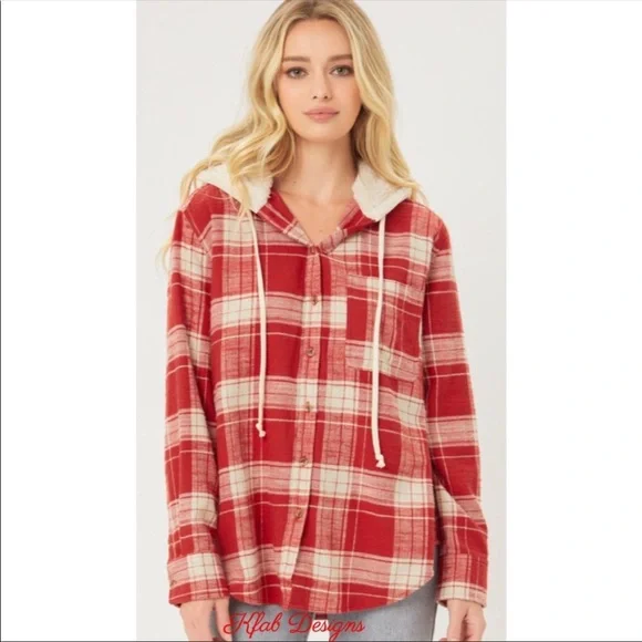 LAST ONE! Amazing! Red Plaid Hooded Flannel Button Down Shirt! - Picture 3 of 6